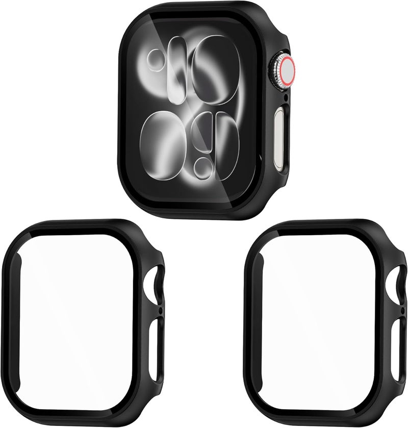 EWUONU 3 Pack Hard Case for Apple Watch Series 10 42mm Screen Protector, Tempered Glass Bumper Anti-Scratch HD Ultra-Thin Protective Face Cover for iWatch Series 10 42mm, Black - Image 1